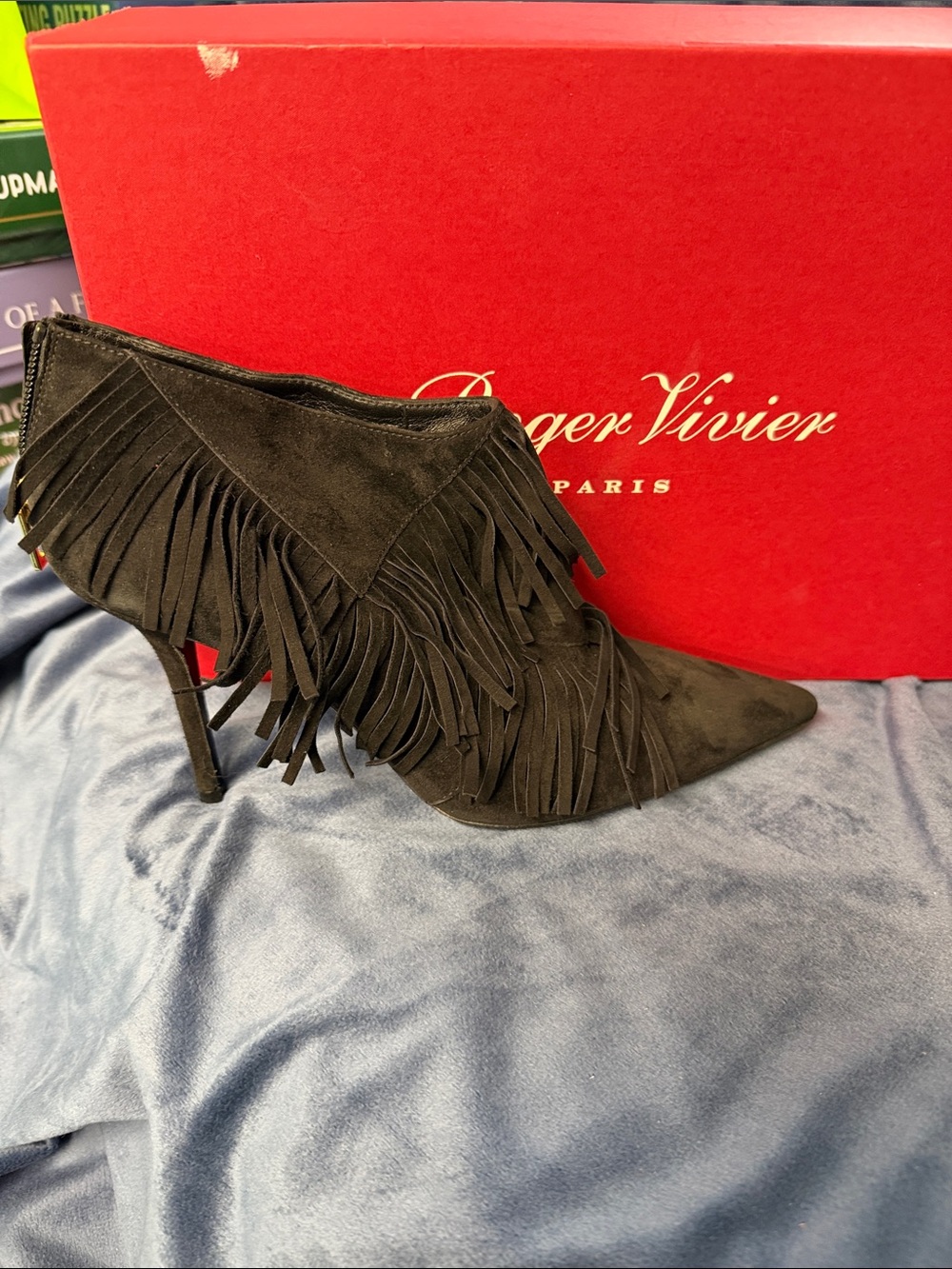 Roger Vivier Black Suede Fringe Pointed-Toe Stiletto Booties New in box